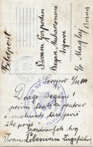 Dopisnica iz 1914. upućena Beganu Muharemoviću trgovcu iz Maglaja