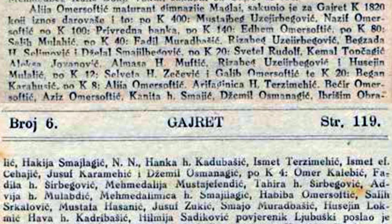 Gajret 1922 spisak donatora Alija Omersoftic
